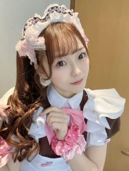 Rule 34 | 1girl, at-home cafe, bow, hitomi (at-home cafe), maid, photo (medium), pink bow, side ponytail