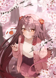 Rule 34 | 1girl, alternate costume, black nails, boo tao (genshin impact), brown hair, brown skirt, cherry blossoms, closed mouth, flower, flower-shaped pupils, genshin impact, ghost, gya (144), hair between eyes, highres, hu tao (genshin impact), jacket, long hair, long sleeves, looking at viewer, pink jacket, red eyes, skirt, smile, solo, symbol-shaped pupils, twintails, very long hair