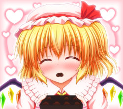 Rule 34 | 1girl, ^ ^, ascot, blonde hair, blush, candy, chocolate, chocolate heart, closed eyes, dress, female focus, flandre scarlet, food, hat, hat ribbon, heart, mouth hold, nagana sayui, portrait, puffy sleeves, red dress, ribbon, shirt, smile, solo, touhou, upper body, valentine, wings