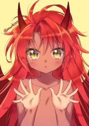 Rule 34 | 1girl, bad id, bad pixiv id, blush, collarbone, convenient censoring, dark-skinned female, dark skin, demon girl, flat chest, garnet (unleashed), horns, long hair, looking at viewer, manle, messy hair, monster girl, open mouth, original, pale palms, pointy ears, red hair, slit pupils, solo, twitter username, unleashed, upper body, yellow eyes