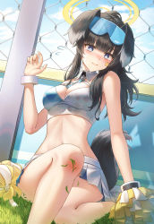 Rule 34 | 1girl, absurdres, bare arms, bare legs, bare shoulders, black hair, blue archive, blue eyes, blue sky, blunt bangs, breasts, chain-link fence, cleavage, cloud, commentary, crop top, day, facial mark, fence, foot out of frame, goggles, goggles on head, halo, halterneck, hand up, head tilt, hibiki (blue archive), hibiki (cheer squad) (blue archive), highres, large breasts, long hair, looking at viewer, midriff, millennium cheerleader outfit (blue archive), miniskirt, navel, outdoors, pleated skirt, pom pom (cheerleading), sitting, skirt, sky, solo, soo ou, star (symbol), stomach, tail, tears, thighs, white skirt