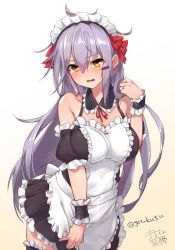 Rule 34 | 1girl, alternate costume, apron, black dress, black thighhighs, blush, breasts, cheese (cheese koubou), commentary request, dress, enmaided, frilled apron, frilled dress, frills, gangut (kancolle), grey hair, hair ornament, hairclip, highres, kantai collection, large breasts, long hair, looking at viewer, maid, maid headdress, orange eyes, parted lips, scar, scar on face, simple background, solo, sweat, thighhighs, twitter username, white apron