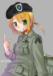 Rule 34 | 1girl, backpack, bag, beret, black hat, blonde hair, blush, ebifly, fangs, green beret, green eyes, green jacket, grey background, grin, hand up, hat, index finger raised, jacket, long sleeves, military, military uniform, original, paratrooper, short hair, smile, solo, twitter username, uniform, united states, united states army, upper body