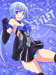 Rule 34 | 1girl, :d, black dress, black footwear, black gloves, blue eyes, blue hair, blue panties, boots, breasts, character name, closed eyes, closed mouth, collar, copyright name, crotch seam, dress, elbow gloves, english text, frame arms girl, gloves, hair ribbon, kikuchi tsutomu, medium breasts, microdress, open mouth, panties, pleated dress, ponytail, ribbon, smile, solo, strapless, strapless dress, striped clothes, striped panties, stylet, thigh boots, thighhighs, underwear, white ribbon