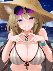 Rule 34 | 1girl, :d, absurdres, animal ear fluff, animal ears, aqua nails, arknights, bare shoulders, bikini, blush, bracelet, braid, breasts, brown bikini, brown hair, brown hat, brown jacket, cleavage, day, dr.lamina, eyewear on head, front-tie bikini top, front-tie top, grin, hat, heart, heart hands, highres, huge breasts, jacket, jewelry, long sleeves, looking at viewer, nail polish, navel, necklace, off shoulder, official alternate costume, open clothes, open jacket, open mouth, outdoors, parted lips, purple-tinted eyewear, purple eyes, smile, solo, straw hat, striped bikini, striped clothes, sunglasses, swimsuit, tinted eyewear, twin braids, upper body, utage (arknights), utage (summer flowers) (arknights), vertical-striped bikini, vertical-striped clothes, water