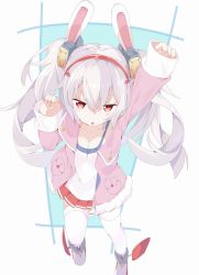 Rule 34 | 1girl, :o, animal ears, arm up, azur lane, blush, breasts, camisole, cleavage, collarbone, commentary request, fake animal ears, fur-trimmed jacket, fur trim, hair between eyes, hair ornament, hairband, highres, jacket, laffey (azur lane), long hair, long sleeves, looking at viewer, open clothes, open jacket, parted lips, pink jacket, pleated skirt, rabbit ears, red eyes, red hairband, red skirt, shoes, silver hair, skirt, sleeves past wrists, small breasts, solo, standing, standing on one leg, tantan men (dragon), thighhighs, twintails, white camisole, white footwear, white thighhighs