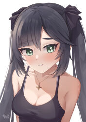 Rule 34 | 1girl, absurdres, alternate costume, black hair, breasts, cleavage, collarbone, commentary, english commentary, genshin impact, green eyes, hair between eyes, highres, jewelry, jisas, long hair, looking at viewer, medium breasts, mona (genshin impact), necklace, parted lips, sidelocks, simple background, sleeveless, solo, tank top, twintails, white background