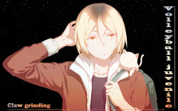 Rule 34 | 10s, 1boy, animal, animal on shoulder, arm behind head, bag, black background, blonde hair, cangkong, cat, cat on shoulder, closed mouth, english text, frown, haikyuu!!, hair between eyes, highres, holding strap, jacket, kozume kenma, long sleeves, looking to the side, male focus, open clothes, open jacket, parted bangs, red eyes, simple background, solo, text focus, upper body