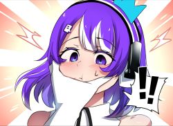 Rule 34 | !, !!, 1girl, blouse, blush, close-up, gloves, hand on another&#039;s face, headphones, highres, hinghoi, merryweather, microphone, purple eyes, purple hair, shirt, sleeveless, sleeveless shirt, twitch.tv, white gloves