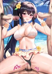 Rule 34 | 1girl, 3boys, :d, absurdres, bare shoulders, beach, bikini, bikini bottom aside, bikini skirt, black bikini, black hair, blue choker, blush, breasts, censored, choker, cleavage, clothed female nude male, clothing aside, collarbone, commission, cowgirl position, day, double handjob, erection, flower, frilled bikini, frills, group sex, hair flower, hair ornament, handjob, hands up, hetero, highleg, highleg bikini, highres, large breasts, long hair, looking at viewer, mismatched bikini, mosaic censoring, motion lines, multiple boys, multiple penises, naughty face, navel, nude, open mouth, original, outdoors, penis, red eyes, sex, side ponytail, sidelocks, skeb commission, smile, solo focus, spoken blush, spread legs, stomach, straddling, string bikini, sugiki, sweatdrop, swimsuit, thighs, trembling, vaginal, white bikini, wrist cuffs