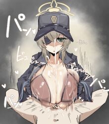 Rule 34 | 1boy, 1girl, black coat, black gloves, black hat, black jacket, blue archive, bra, breasts, breasts squeezed together, coat, cum, cum on body, cum on breasts, cum on upper body, cupless bra, ejaculation, expressionless, eyepatch, gloves, green eyes, green hair, halo, hat, hetero, highres, huge breasts, inverted nipples, jacket, large areolae, large breasts, leebo (leeboxxx), long sleeves, looking at viewer, one eye covered, open clothes, open coat, paizuri, parted lips, peaked cap, pov, projectile cum, solo focus, suou (blue archive), underwear, yellow halo