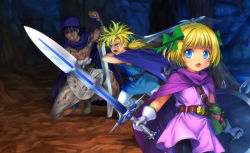 Rule 34 | 1girl, 2boys, absurdres, blonde hair, blue eyes, brother and sister, child, dragon quest, dragon quest v, father and daughter, father and son, hero&#039;s daughter (dq5), hero&#039;s son (dq5), hero (dq5), highres, multiple boys, mutsuki (moonknives), ribbon, shield, siblings, sword, twins, weapon