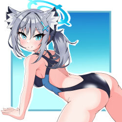 Rule 34 | 1girl, all fours, animal ear fluff, animal ears, black one-piece swimsuit, blue archive, blue eyes, breasts, competition swimsuit, cross hair ornament, extra ears, grey hair, hair ornament, halo, highres, low ponytail, medium breasts, medium hair, mismatched pupils, multicolored clothes, multicolored swimsuit, official alternate costume, one-piece swimsuit, shiroko (blue archive), shiroko (swimsuit) (blue archive), smile, solo, swallow leftyp, swimsuit, wolf ears