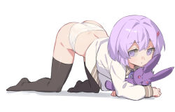 Rule 34 | 1girl, a.i. voice, all fours, ass, black thighhighs, clothes lift, commentary request, dress, dress lift, full body, hair ornament, hairclip, long sleeves, looking at viewer, panties, purple eyes, purple hair, short hair, simple background, solo, stuffed animal, stuffed rabbit, stuffed toy, thighhighs, underwear, voiceroid, wedgie, white background, white dress, white panties, yamamomo (plank), yuzuki yukari, yuzuki yukari (shizuku), yuzuki yukari (tsubomi)