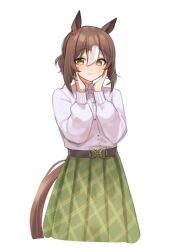 Rule 34 | 1girl, animal ears, belt, blush, brown hair, closed mouth, collared shirt, fine motion (umamusume), green eyes, green skirt, hair between eyes, hands on own hips, hands up, highres, horse ears, horse girl, horse tail, katuko deluxe, long sleeves, looking at viewer, shirt, short hair, simple background, skirt, solo, tail, umamusume, upper body, white background, white shirt