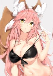 Rule 34 | 10s, 1girl, :o, animal ear fluff, animal ears, bare arms, bare shoulders, bikini, black bikini, black ribbon, blush, bow, breasts, cleavage, collarbone, fang, fate/extra, fate (series), fox ears, fox girl, fox tail, front-tie bikini top, front-tie top, grey background, hair between eyes, hair bow, head tilt, highres, large breasts, leaf, long hair, looking at viewer, navel, open mouth, parted lips, pink hair, pulling own clothes, ribbon, shiny skin, silver (chenwen), simple background, solo, stomach, strap lift, strap pull, swimsuit, tail, tamamo (fate), tamamo no mae (fate/extra), underboob, upper body, very long hair, white bow, yellow eyes