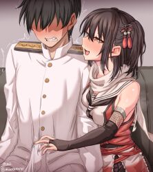 Rule 34 | 1boy, 1girl, admiral (kancolle), black gloves, black neckerchief, breasts, brown eyes, brown hair, bulge, buttons, commentary, commission, covered penis, double-breasted, elbow gloves, epaulettes, erection, erection under clothes, fingerless gloves, gloves, handjob, handjob over clothes, hetero, kantai collection, looking at another, m.a.o, medium breasts, military uniform, naval uniform, neckerchief, scarf, school uniform, sendai (kancolle), sendai kai ni (kancolle), serafuku, short hair, skeb commission, two side up, uniform, white scarf