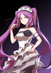 Rule 34 | 1girl, absurdres, choker, dress, fate/grand order, fate (series), frilled choker, frilled dress, frills, hairband, highres, lolita hairband, long hair, looking at viewer, purple eyes, purple hair, solo, stheno (fate), strapless, strapless dress, twintails, very long hair, white dress, yueye (blbl-y)