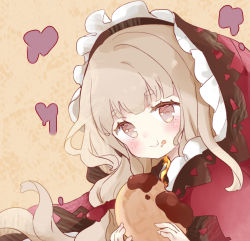 Rule 34 | 1girl, :t, blush, brown background, brown eyes, brown hair, capelet, closed mouth, commentary request, eating, food, food on face, holding, holding food, hood, hood up, hooded capelet, long hair, red capelet, red riding hood (sinoalice), short eyebrows, sinoalice, solo, thick eyebrows, tsukiyo (skymint), upper body
