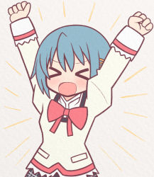 Rule 34 | &gt; &lt;, 1girl, arms up, beige background, beige vest, black skirt, blue hair, blush, bow, bowtie, clenched hands, collared shirt, commentary request, diffraction spikes, hair between eyes, hair ornament, hairclip, highres, long sleeves, mahou shoujo madoka magica, mahou shoujo madoka magica (anime), medium hair, miki sayaka, mitakihara school uniform, open mouth, outline, plaid, plaid skirt, red bow, red bowtie, red outline, school uniform, shirt, sidelocks, simple background, skirt, solo, vest, white shirt, yuno385