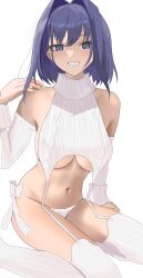 Rule 34 | 1girl, absurdres, blue eyes, blue hair, breasts, commentary, detached sleeves, earrings, garter straps, grin, hair intakes, hand up, highres, hololive, hololive english, jewelry, large breasts, me0i, meme attire, navel, ouro kronii, short hair, simple background, sitting, smile, solo, stomach, symbol-only commentary, thighhighs, turtleneck, underboob, virgin destroyer sweater, virtual youtuber, white background, white garter straps, white thighhighs