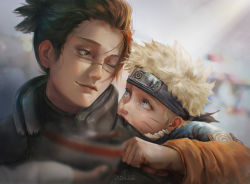 Rule 34 | 2boys, artist name, blonde hair, blue eyes, blurry, blurry background, brown eyes, child, commentary, day, english commentary, eye contact, facial mark, headband, highres, looking at another, male focus, multiple boys, naruto (series), naruto shippuuden, outdoors, scar, scar on face, tamelee, umino iruka, upper body, uzumaki naruto, whisker markings