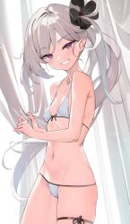 Rule 34 | 1girl, absurdres, bare arms, bare shoulders, bikini, blue archive, breasts, cowboy shot, curtain grab, curtains, gmatogachi, grey hair, grin, highres, light blush, long hair, looking at viewer, mutsuki (blue archive), navel, pointy ears, purple eyes, small breasts, smile, solo, standing, stomach, swimsuit, thigh strap, very long hair, white bikini