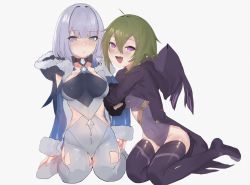 Rule 34 | 2girls, arm hug, artist request, blue eyes, blush, bodysuit, boots, breasts, cicin mage (genshin impact), cloak, coat, cryo cicin mage (genshin impact), electro cicin mage (genshin impact), fang, genshin impact, green hair, hood, hood down, hooded cloak, leotard, looking at viewer, multiple girls, open mouth, purple eyes, shiny clothes, shiny skin, short hair with long locks, sideboob, smile, thigh boots, thighhighs