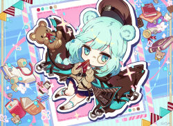 Rule 34 | 1girl, animal ears, aqua eyes, aqua hair, arknights, award ribbon, bare legs, bear ears, bear girl, blue background, blue skirt, book, braid, brown coat, brown footwear, brown sweater, chibi, closed mouth, coat, coat on shoulders, commentary, commission, dot mouth, drop shadow, holding, holding book, istina (arknights), long hair, long sleeves, looking at viewer, monocle, multicolored background, outline, pink background, pleated skirt, sidelocks, signature, skirt, socks, solo, soriya, string of flags, stuffed animal, stuffed toy, sweater, sweater vest, teddy bear, white socks