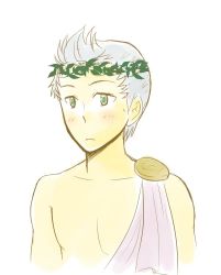 Rule 34 | 1boy, alternate costume, bare shoulders, blush, closed mouth, fire emblem, fire emblem fates, green eyes, grey hair, karaage nami, looking to the side, male focus, nintendo, pectorals, silas (fire emblem), solo, toga, upper body