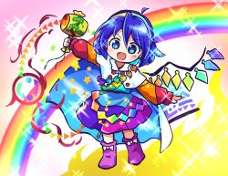 Rule 34 | 1girl, blue eyes, blue hair, blush, boots, cloak, crystal, dress, hair between eyes, hairband, highres, holding, jewelry, magatama, magatama necklace, miracle mallet, multicolored clothes, multicolored dress, multicolored hairband, necklace, open mouth, pink footwear, pote (ptkan), rainbow, rainbow gradient, short hair, single wing, sky print, smile, solo, sorcerer&#039;s sutra scroll, tenkyuu chimata, touhou, white cloak, wings