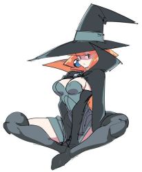 Rule 34 | 1girl, black thighhighs, blush, breasts, cleavage, hat, large breasts, looking at viewer, medium breasts, orange hair, short hair, simple background, sitting, solo, suggestive, thighhighs, watatanza, white background, witch hat