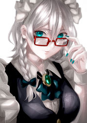 Rule 34 | 1girl, adjusting eyewear, bad id, bad pixiv id, bespectacled, black bow, black ribbon, blue eyes, blue nails, bow, braid, breasts, brooch, commentary request, glasses, glasses day, hair between eyes, hair bow, hand up, highres, izayoi sakuya, jan (lightdragoon), jewelry, looking at viewer, maid, maid headdress, medium breasts, nail polish, neck ribbon, parted lips, red-framed eyewear, ribbon, short hair, silver hair, simple background, smile, solo, touhou, twin braids, upper body, white background, wing collar, wrist cuffs