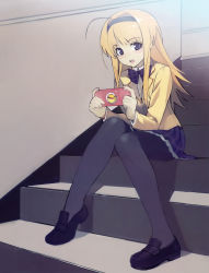 Rule 34 | 00s, 1girl, absurdres, ahoge, black pantyhose, blonde hair, blush, bow, bowtie, chaos;head, gero kaerun, handheld game console, highres, loafers, long hair, namaniku atk, nishijou nanami, pantyhose, playstation portable, school uniform, shoes, sitting, sitting on object, sitting on stairs, skirt, smile, solo, stairs, thighhighs