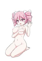 Rule 34 | 1girl, blush, breasts, covering privates, covering one breast, drill hair, eyebrows hidden by hair, full body, hair ornament, hair ribbon, highres, jashin-chan dropkick, large breasts, medium breasts, navel, nipples, open mouth, pink eyes, pink hair, pino (jashin-chan dropkick), ribbon, simple background, solo, tears, twin drills, white background