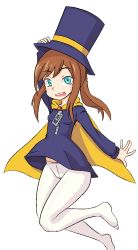 Rule 34 | 1girl, a hat in time, aqua eyes, blue eyes, blush, blush stickers, breasts, brown hair, cape, crotch seam, dress, hat, hat kid, long hair, looking at viewer, no shoes, open m/, pantyhose, purple dress, purple hat, short dress, simple background, small breasts, smile, solo, tiny (18931875), top hat, upskirt, white background, white pantyhose, yellow cape, zipper