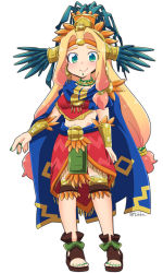 Rule 34 | 1girl, aqua eyes, arm at side, aztec, bead necklace, beads, blonde hair, blue cape, bracer, breasts, brown footwear, cape, chin piercing, earrings, eyebrows, eyes visible through hair, fate/grand order, fate (series), feathers, fingernails, full body, green nails, hair beads, hair intakes, hair ornament, headband, headdress, jewelry, legs apart, loincloth, long hair, looking at viewer, low-tied long hair, medium breasts, miniskirt, nail polish, navel, neck ring, necklace, piercing, poncho, quetzalcoatl (fate), red skirt, sandals, simple background, skirt, smile, solo, standing, stomach, toenail polish, toenails, tsukko (3ki2ne10), very long hair, white background