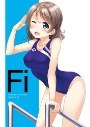 Rule 34 | 10s, 1girl, ;d, blue eyes, blue one-piece swimsuit, breasts, brown hair, competition swimsuit, hino minato (spec.c), leaning forward, love live!, love live! sunshine!!, medium breasts, one-piece swimsuit, one eye closed, open mouth, pool ladder, salute, short hair, smile, solo, swimsuit, watanabe you