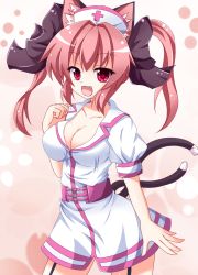 Rule 34 | 1girl, alternate costume, alternate hairstyle, animal ears, bad id, bad pixiv id, bow, breasts, cat ears, cat girl, cat tail, cleavage, fang, female focus, garter belt, garter straps, hair bow, hat, highres, kaenbyou rin, kuromari (runia), medium breasts, multiple tails, nurse, nurse cap, red eyes, solo, tail, touhou, twintails