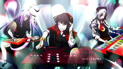 Rule 34 | 3girls, alternate costume, animal ears, bangle, black hair, bow, bracelet, braid, rabbit ears, chain, contemporary, crescent, dj, eyepatch, grin, hat, headphones, highres, houraisan kaguya, instrument, itocoh, jacket, jewelry, keyboard (instrument), long hair, multiple girls, music, necktie, open mouth, phonograph, playing instrument, purple hair, red eyes, reisen udongein inaba, ribbon, silver hair, skirt, smile, speaker, tattoo, tongue, tongue out, touhou, turntable, yagokoro eirin