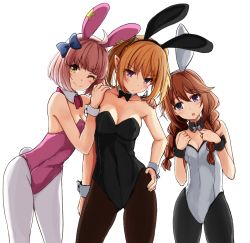 3girls ;) ahoge animal_ears bare_shoulders black_legwear black_neckwear blonde_hair blue_bow blue_eyes blunt_bangs bow braid breasts brown_hair chieru_(princess_connect!) chloe_(princess_connect!) cleavage closed_mouth collarbone commentary_request detached_collar fake_animal_ears hair_bow hako_roku hand_on_own_hip highres leotard long_hair looking_at_viewer medium_breasts multiple_girls one_eye_closed open_mouth pantyhose pink_hair playboy_bunny princess_connect! purple_eyes rabbit_ears rabbit_tail short_hair simple_background smile tail twin_braids twintails v-shaped_eyebrows white_background white_legwear yellow_eyes yuni_(princess_connect!)