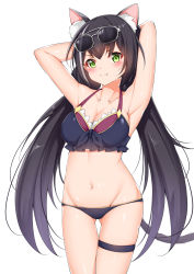 Rule 34 | &gt;:), 1girl, absurdres, animal ear fluff, animal ears, armpits, arms behind head, arms up, bad id, bad pixiv id, bikini, black bikini, black hair, black ribbon, blush, breasts, cat ears, cat girl, cat tail, catnnn, cleavage, closed mouth, collarbone, cowboy shot, eyewear on head, fang, fang out, frilled bikini, frills, front-tie bikini top, front-tie top, gluteal fold, green eyes, groin, highres, karyl (princess connect!), karyl (summer) (princess connect!), long hair, looking at viewer, low twintails, medium breasts, multicolored hair, navel, princess connect!, ribbon, simple background, smile, solo, stomach, streaked hair, sunglasses, swimsuit, tail, thigh gap, thigh strap, twintails, v-shaped eyebrows, very long hair, white-framed eyewear, white background, white hair