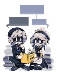 Rule 34 | 1boy, 1girl, android, black dress, black footwear, black headwear, black pants, black pantyhose, black suit, blush, book, butler, commentary, dress, english commentary, formal, glasses, grey hair, hat, highres, holding, holding book, maid, maid headdress, murder drones, n (murder drones), necktie, open book, pants, pantyhose, shoes, short hair, sitting, suit, twitter username, v (murder drones), zillyooze