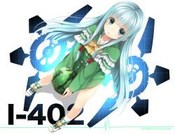 Rule 34 | 10s, 1girl, aoki hagane no arpeggio, blue hair, blush, bow, character name, copyright name, english text, food, frilled shirt, frills, fruit, full body, green eyes, green hair, hair ribbon, holding, i-402 (aoki hagane no arpeggio), kaguyuu, long hair, looking at viewer, matching hair/eyes, open mouth, personification, poncho, ribbon, shirt, shoes, sneakers, socks, solo, standing, watermelon, white background, white socks