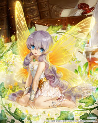 Rule 34 | 1girl, :d, ancient fairy, artist name, bare shoulders, barefoot, blue eyes, book, butterfly wings, character name, dress, fairy, insect wings, jane mere, jewelry, light particles, long hair, lots of jewelry, mini person, minigirl, necklace, open mouth, pointy ears, silver hair, sitting, smile, solo, tenkuu no crystalia, very long hair, watermark, wings