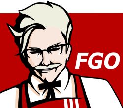 Rule 34 | 1boy, ahoge, apron, bow, bowtie, closed eyes, colonel sanders, commentary request, crokase, facial hair, fate/grand order, fate (series), glasses, grey hair, grin, james moriarty (archer) (fate), kfc, male focus, mustache, no bangs, old, old man, parody, red background, smile, solo, white background