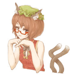 Rule 34 | 1girl, animal ears, bad id, bad pixiv id, bespectacled, bow, brown eyes, brown hair, cat ears, cat girl, cat tail, chen, china dress, chinese clothes, dress, earrings, female focus, fingernails, fingers together, glasses, hat, head rest, jewelry, lips, looking at viewer, multiple tails, nail polish, omikoshi2, red-framed eyewear, red dress, semi-rimless eyewear, short hair, single earring, sleeveless, slit pupils, solo, tail, touhou, under-rim eyewear