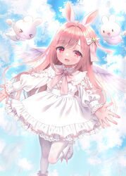 Rule 34 | &gt; &lt;, 1girl, :3, :d, animal ears, blue sky, boots, bow, chitosezaka suzu, closed eyes, closed mouth, cloud, cloudy sky, collared dress, commentary request, day, dress, feathered wings, frilled dress, frills, hair bow, hair intakes, highres, long hair, long sleeves, looking at viewer, open mouth, original, outdoors, pantyhose, pink bow, pink hair, puffy long sleeves, puffy sleeves, rabbit ears, red eyes, sky, smile, solo, standing, standing on one leg, very long hair, white bow, white dress, white footwear, white pantyhose, white wings, wings, | |