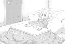 Rule 34 | 1girl, ahoge, bed, blanket, cellphone, cup, cushion, door, greyscale, highres, holding, holding cup, idolmaster, idolmaster cinderella girls, indoors, kotatsu, leaning back, long sleeves, looking afar, monochrome, notebook, off-shoulder sweater, off shoulder, pen, phone, sato shin, solo, steam, sweater, table, twintails, uika310p, under kotatsu, under table