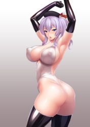 Rule 34 | 10s, 1girl, alternate costume, arched back, armpits, arms up, ass, beret, black gloves, black thighhighs, blue eyes, blush, breasts, covered erect nipples, cowboy shot, curvy, elbow gloves, from side, gloves, hat, highleg, highleg leotard, kantai collection, kashima (kancolle), large breasts, leotard, looking at viewer, looking to the side, open mouth, revealing clothes, rindou (radical dream), silver hair, solo, thighhighs, thong leotard, twintails, twisted torso, wavy hair, white leotard
